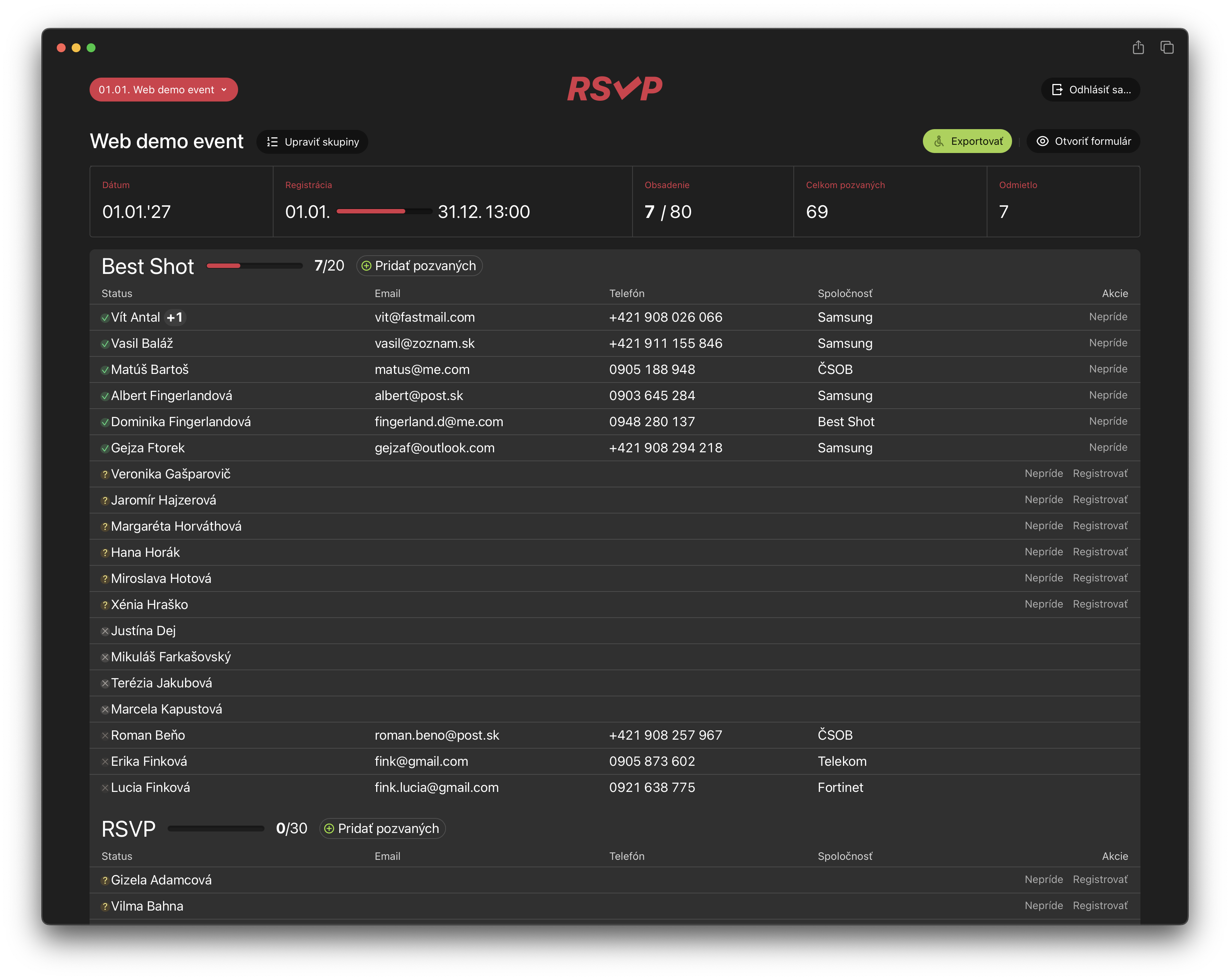 Screenshot: Demo RSVP systému